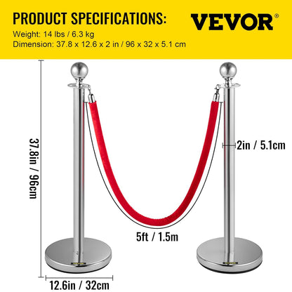 VEVOR Crowd Bar Crowd Control Barrier with Red Velvet Rope, 4 Pieces Silver Barriers with 1.5m Long Flannel Rope for Theatres, Hotels, Casinos, Events on the