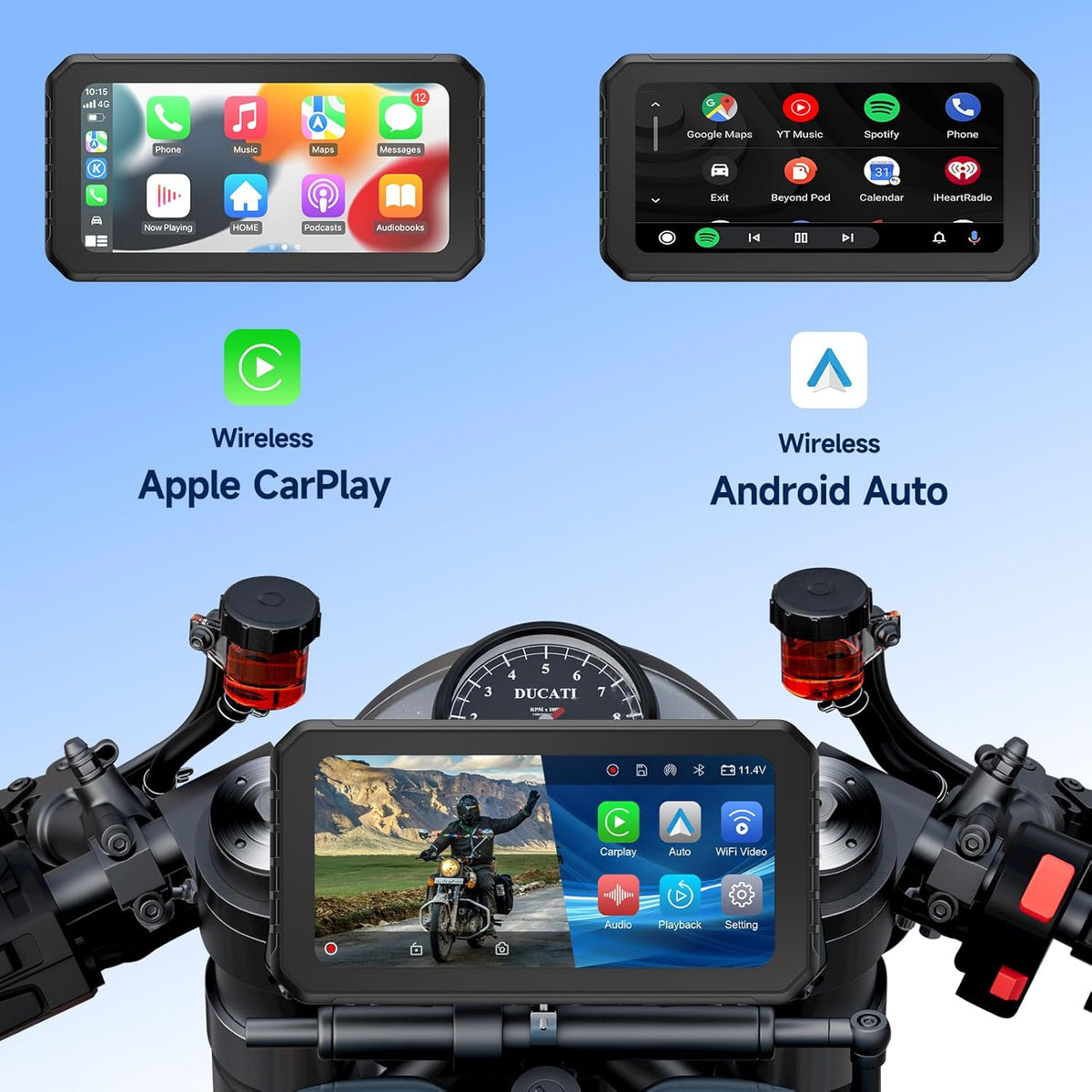 Spedal CL873 Motorfiets CarPlay met 1080p dubbele camera's, 6,25 inch draadloos CarPlay & Android Auto waterdicht scherm, ondersteuning Dual Bluetooth, Auto GPS, Siri, Assistent