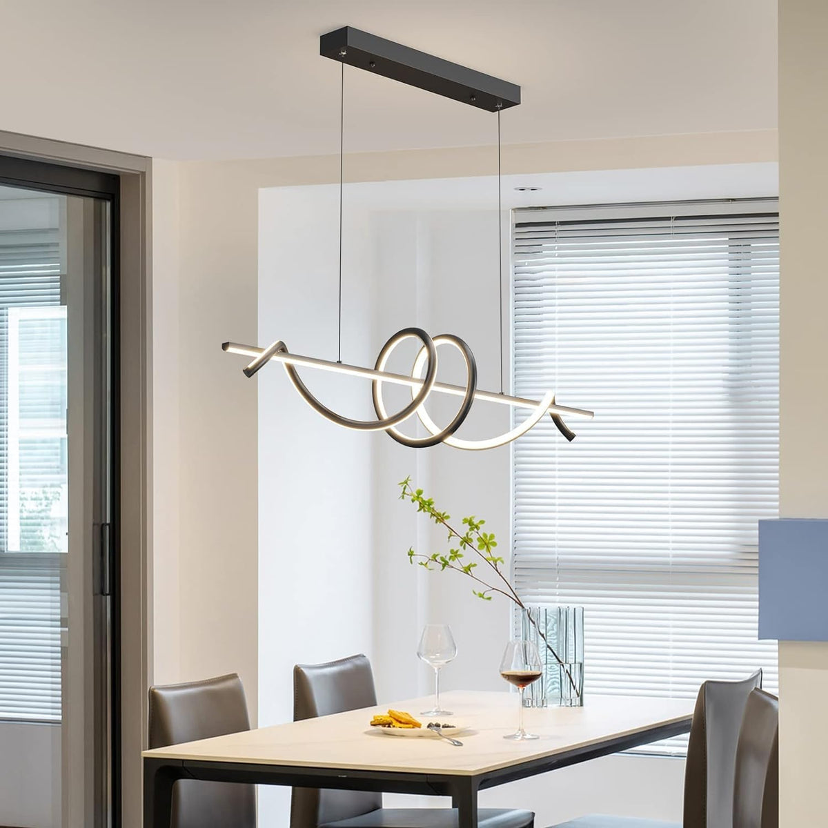 Mikeru Hanglamp voor eettafel, 100 cm, spiraalvormige eetkamerlamp, modern design, zwart, dimbaar, met afstandsbediening, led-hanglamp voor eetkamer, kantoor