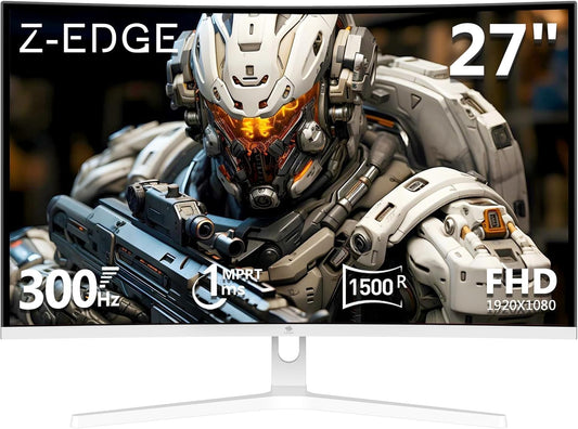 Z-Edge Gaming Monitor Curved White 27'' 300Hz (DP1.4*2), 1ms, FHD, FreeSync, 240Hz (HDMI2.0*2), 16:9 LED Gaming Monitor White, Adjustable Tilt, HDR, VA, 3000:1, RGB VESA(DP Cable Included)