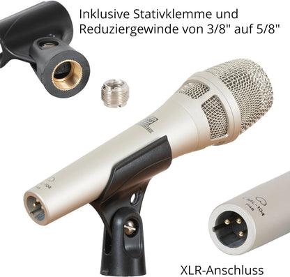 Pronomic CML-104 Condensatormicrofoon voor nauwkeurige geluidsopname - Handmicrofoon met windscherm - Nierfunctie microfoon - Studio-microfoon voor het podium - Incl. klem en tas