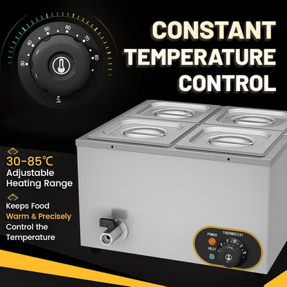 Elektrisch waterbad van roestvrij staal, voedselwarmer buffet, 4 x 1/6 met deksel, instelbare temperatuur 30 °C - 85 °C