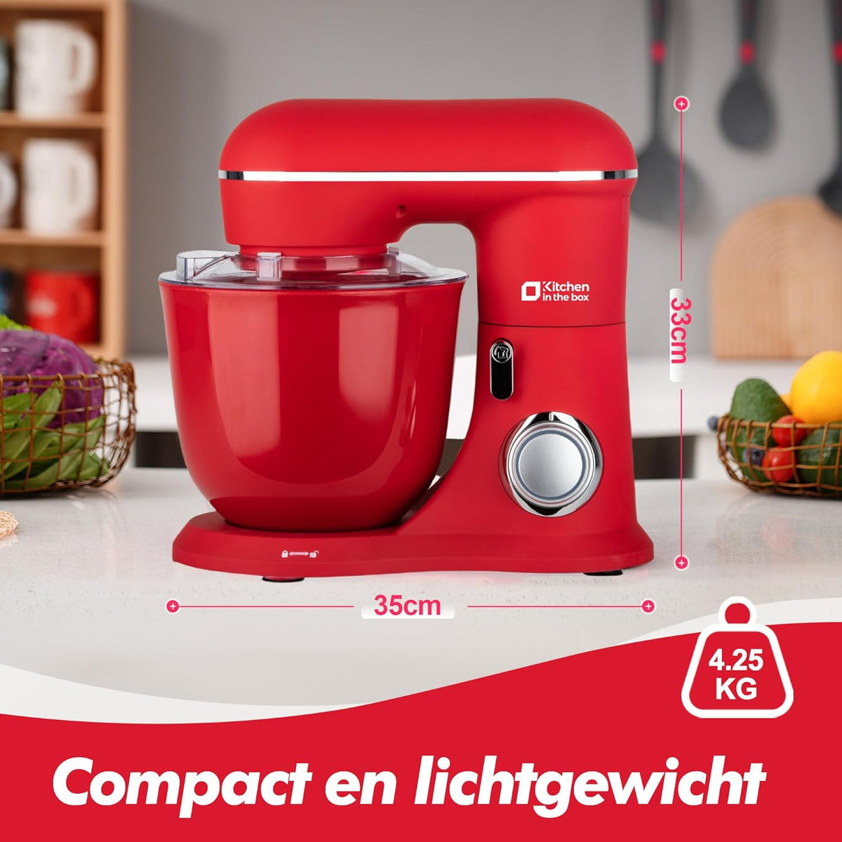 Kitchen in the Box Keukenmachine, 1300W, 10 snelheden, 4.5L + 5L mengkommen, elektrische standmixer met garde, klopper en deeghaak (Rood, 4.5L)