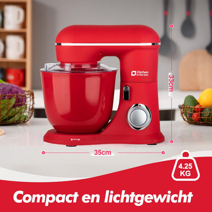 Kitchen in the Box Keukenmachine, 1300W, 10 snelheden, 4.5L + 5L mengkommen, elektrische standmixer met garde, klopper en deeghaak (Rood, 4.5L)