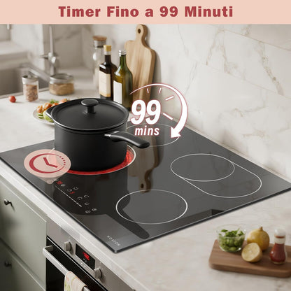 NOXTON Keramische kookplaat, 4 platen, inbouw, keramische kookplaat, 60 cm, met ovale zone voor grillpan, kookplaat, 4 kookplaten met touch-bediening, timer, kinderbeveiliging, 220 V-240 V, 6600 W