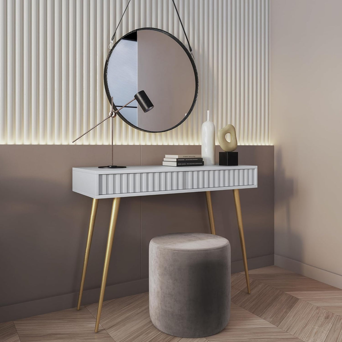Selsey Make-uptafel make-uptafel kaptafel cosmeticatafel 104 cm met 2 laden Bello wit gouden poten