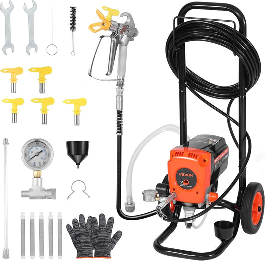 VEVOR Airless verfspuit, 900 W, 3300 PSI hogedruk-luchtloze verfspuit met trolley, reinigingsborstel, slang, verlengstang, mondstukken, elektrische verfmachine, in