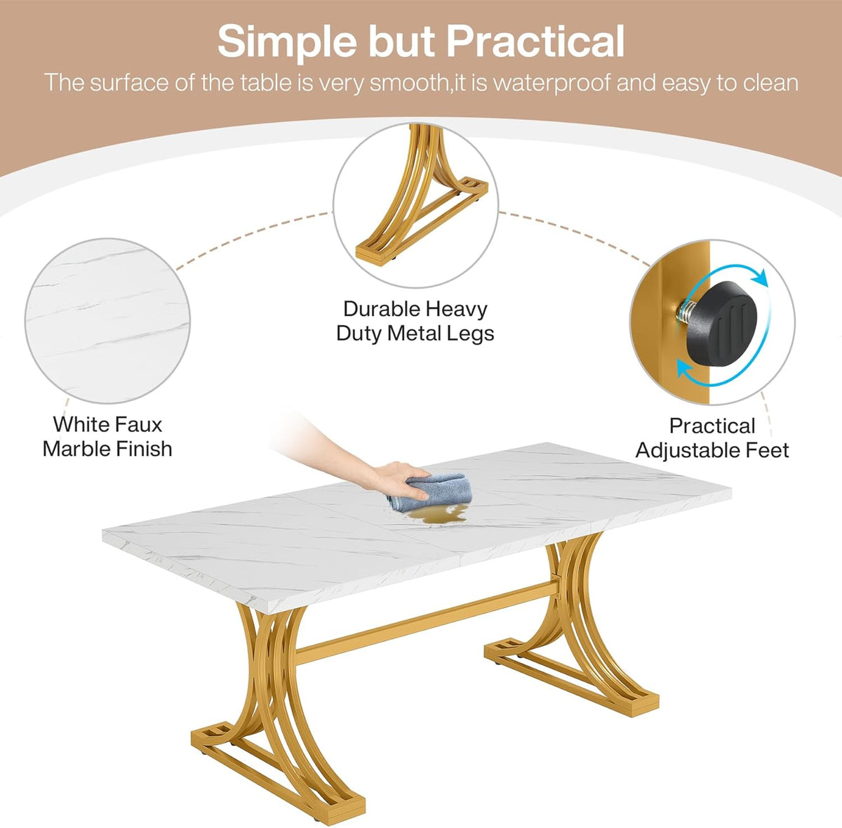Tribesigns 160 cm rectangular dining table for 4 to 6 people, modern kitchen table with stylish metal trestle legs, large dining table for dining room, chair not included (white + gold)