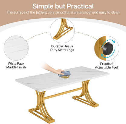 Tribesigns 160 cm rectangular dining table for 4 to 6 people, modern kitchen table with stylish metal trestle legs, large dining table for dining room, chair not included (white + gold)