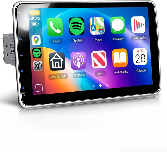 VECHTEL 10 inch 2 DIN autoradio met draadloze CarPlay, Android Auto, Equalizer, FM-radio, draaibaar touchscreen, Wi-Fi GPS, 2 USB/Type-C-aansluitingen, Bluetooth en achteruitrijcamera/stuurbediening.