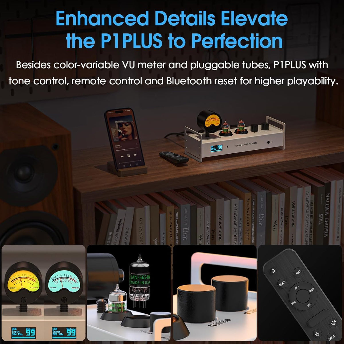Douk Audio 2-kanaals Bluetooth vacuümbuizen, voorversterker, hifi-hoofdtelefoonversterker, USB-DAC pc-geluidskaart, draadloze ontvanger, audio preamp met VU-meter, optisch, coaxiaal, APTX, LDAC