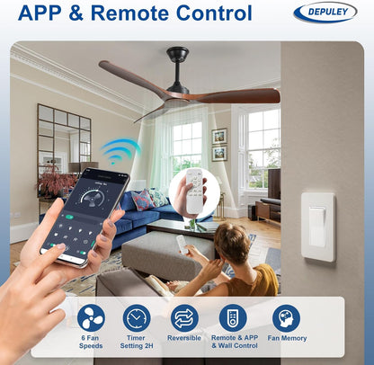 Depuley Grote plafondventilator zonder licht voor buiten: 132 cm, ventilator met afstandsbediening en app voor terras en tuin, stille plafondventilator, omkeerbare DC-timer voor slaapkamer, woonkamer