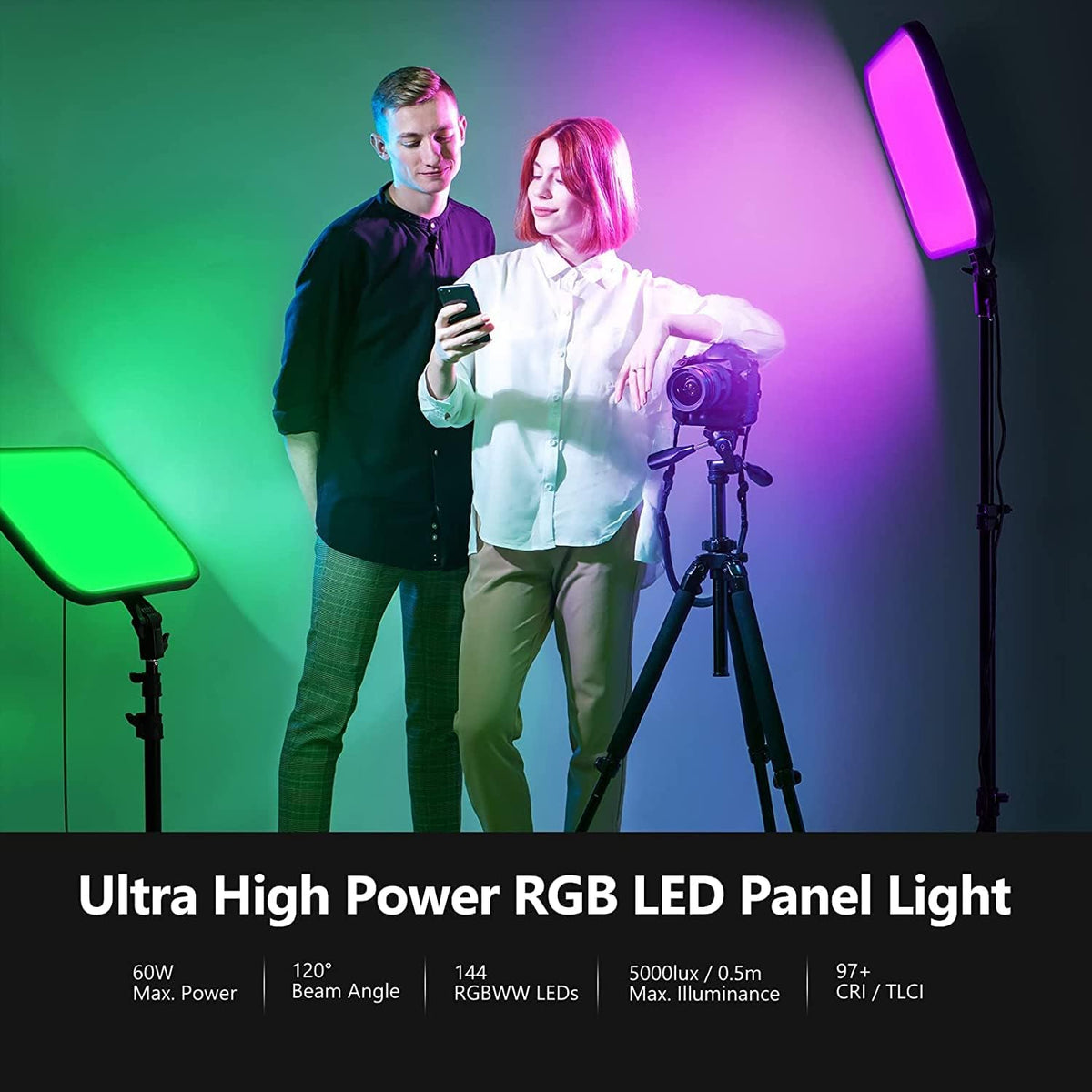 NEEWER RGB168 Videolamp, 18,3 inch, 60 W, RGB led-paneelset met statief, standaard, app-bediening, 360° volledige kleur, dimbaar, 2500K-8500K RGB videolicht/CRI 97+/17 scèneeffecten, studio-continu