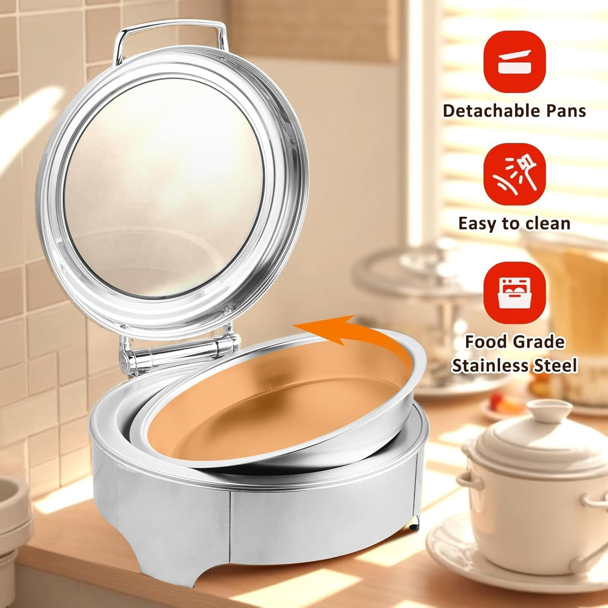 YUCHENGTECH Elektrische ronde buffetkachel, 6 l, platte boiler, roestvrij staal, professionele elektrische chafing schaal, met instelbare temperatuur en glazen deksel