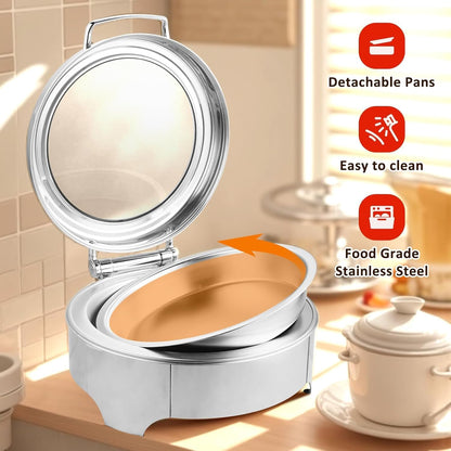 YUCHENGTECH Elektrische ronde buffetkachel, 6 l, platte boiler, roestvrij staal, professionele elektrische chafing schaal, met instelbare temperatuur en glazen deksel