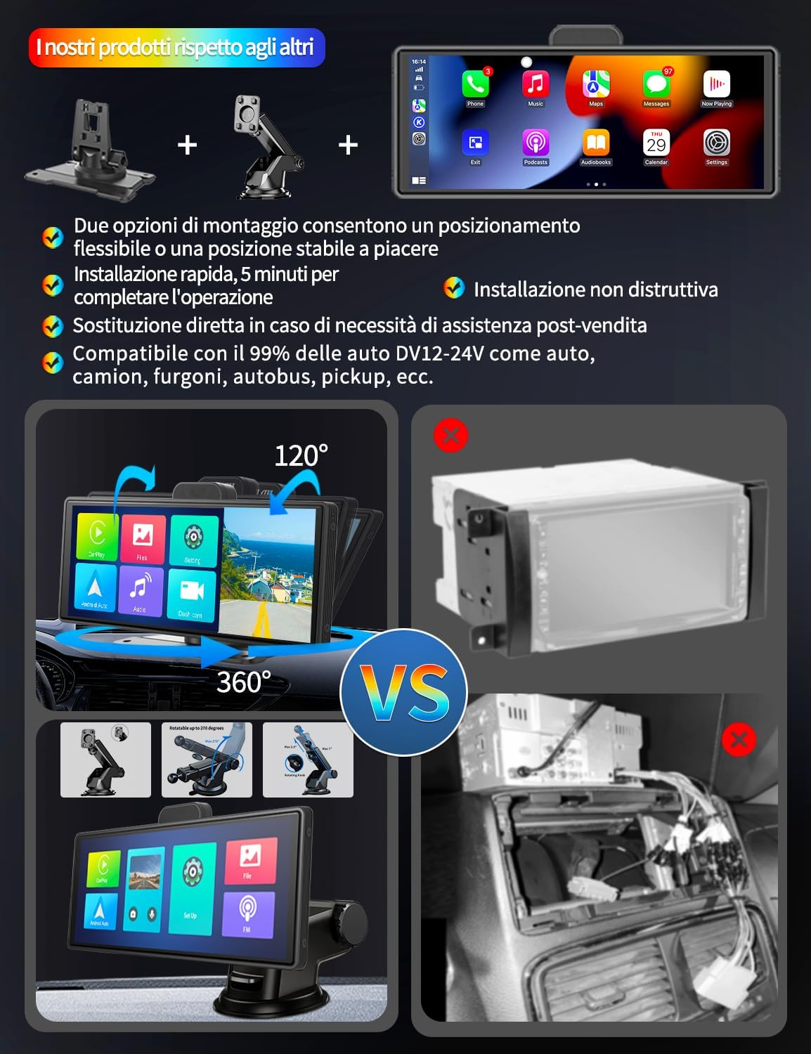 10,26 inch Carplay Display met 4K dashcam auto voor, 1080p achteruitrijcamera, draadloze Carplay Android Auto, Mirror Link, navigatie, Google, Siri, FM, AUX, Loop Recording, 64G SD-kaart