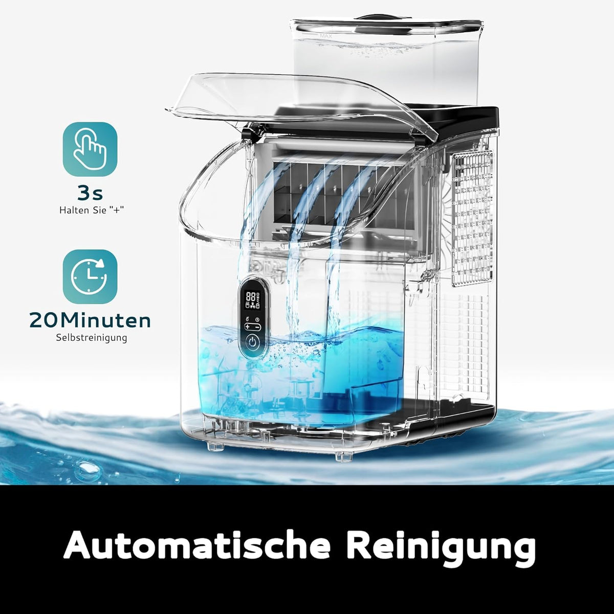 EUHOMY IJsblokjesmachine voor op het werkblad, 15 kg ijsmachine, ijsmachine, 2 liter ijsblokjesmachines, 16 ijsblokjes in 13 minuten, zelfreinigende ijsblokjesmaker voor thuis/keuken/kantoor, zwart
