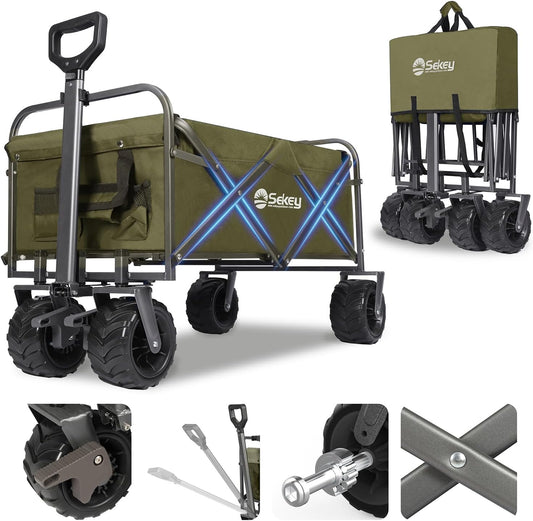 Sekey Bolderkar, opvouwbaar, 200 kg, opvouwbare bolderkar, PU-brede banden, 17 x 10 cm, vouwbolderkar, transportwagen, alle terreinen, met telescoopstang, remmen, klassiek 3017, olijfgroen