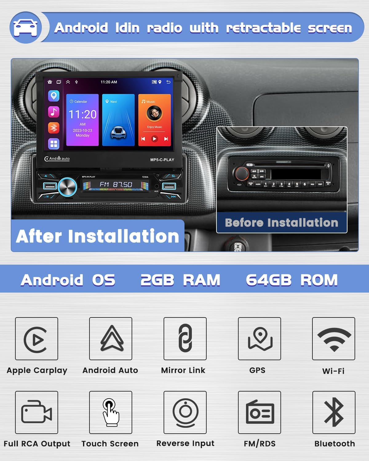 1 DIN Autoradio – Autoradio Met Uittrekbaar Scherm – 7 Inch Touchscreen Radio – Inbouw Autoradio Navigatie – Bluetooth Autoradio Draadloos – Draadloze CarPlay & Android Auto – HD Achteruitrijcamera - QUORE