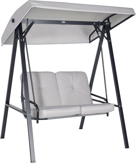 Outsunny Hollywoodschaukel 2-Sitzer Gartenschaukel mit Verstellbarem Dach, Kissen, Schaukelbank bis 220 kg Load Bar, für Garten, Balcony, Grau, 145 x 116 x 172 cm - QUORE