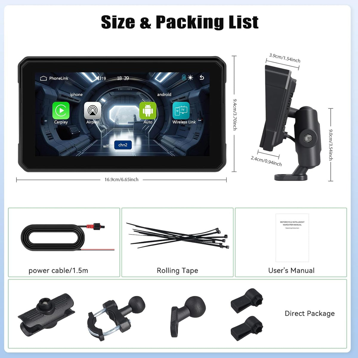 Portable Motorcycle Carplay Screen with Wireless CarPlay Android Car, 5 Inch IP67 Waterproof Motorcycle GPS CarPlay Screen Supports Bluetooth, Mirrorlink, EQ, TF Port, Siri
