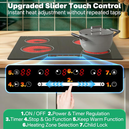 Keramische kookplaat, 60 cm, 4 branders, 6000 W touch-bediening met schuif, kookzones met een cirkel, zonder stekker, directe aansluiting, boring 560 × 490 mm