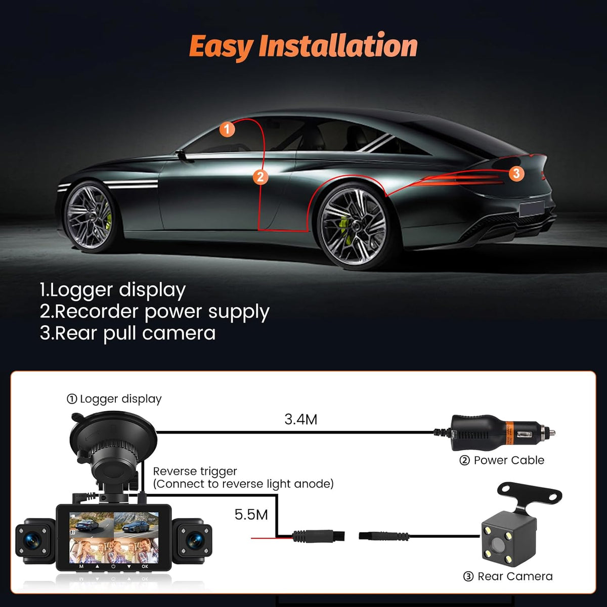 Roinvou 4K+1080P Dash CAM Auto, 5GHz WiFi Dashcam met SD-kaart 64GB, Autobewakingscamera met 3″ IPS-scherm, 170° groothoek, lusopname, G-sensor, nachtzicht