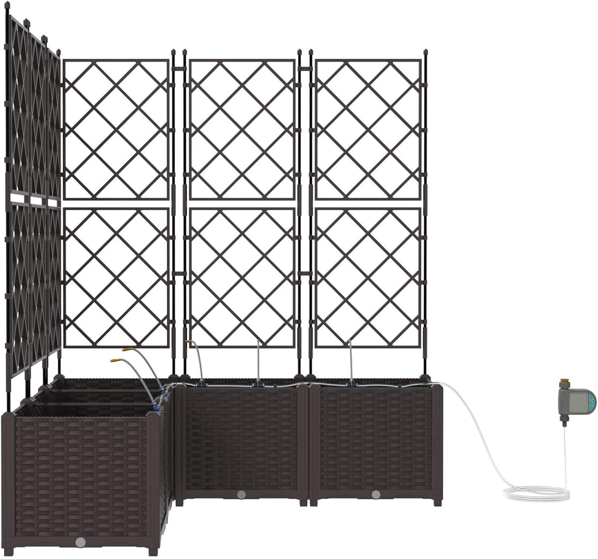 Garden Pots with Irrigation System, 5 Pieces, Brown, Square, Large with Extendable Trellis for Climbing Plants, Robust Plastic Construction - QUORE