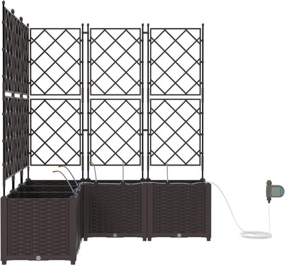 Garden Pots with Irrigation System, 5 Pieces, Brown, Square, Large with Extendable Trellis for Climbing Plants, Robust Plastic Construction - QUORE