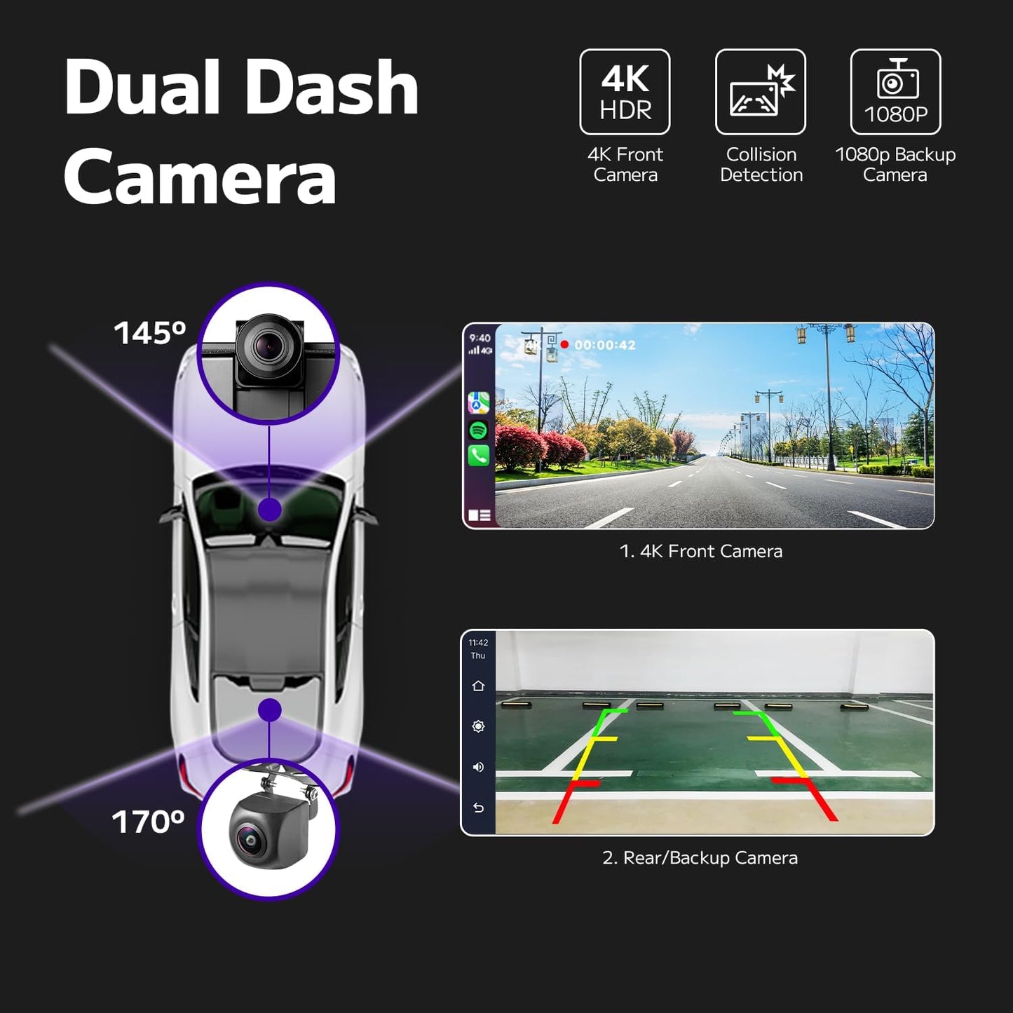 Wireless CarPlay display 10.26 inch IPS with screen mirroring Bluetooth Android Auto 4K front and 1080P rear view camera includes app for advanced features