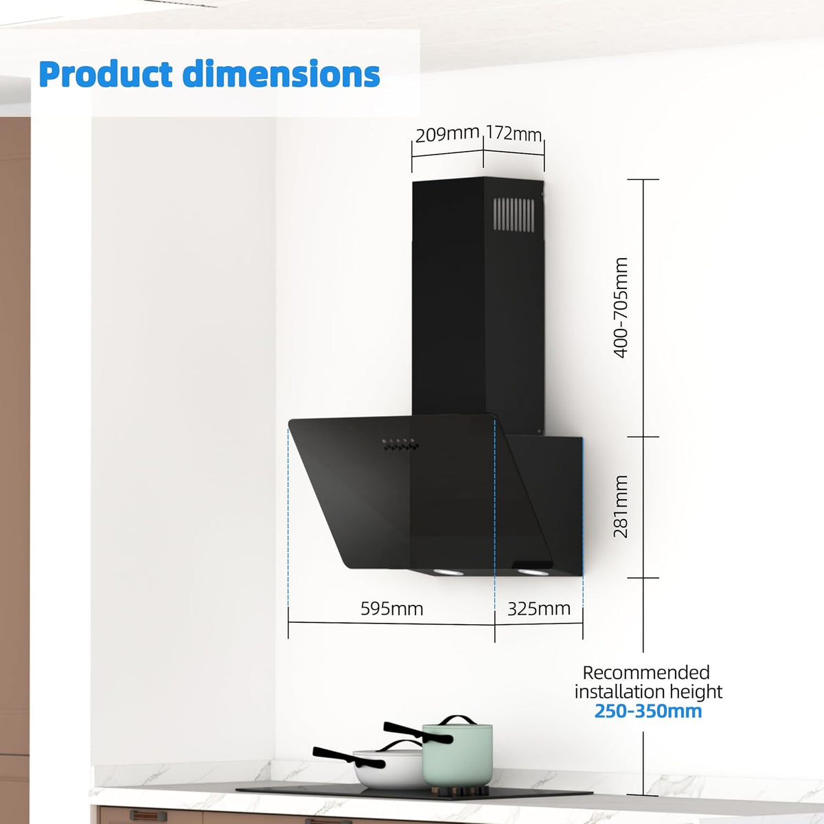 FIREGAS 60 cm Afzuigkap schuin met 350m³/h, LED's, borstelloze motor, drukknopbediening, afzuiging en recirculatie, efficiëntie A++