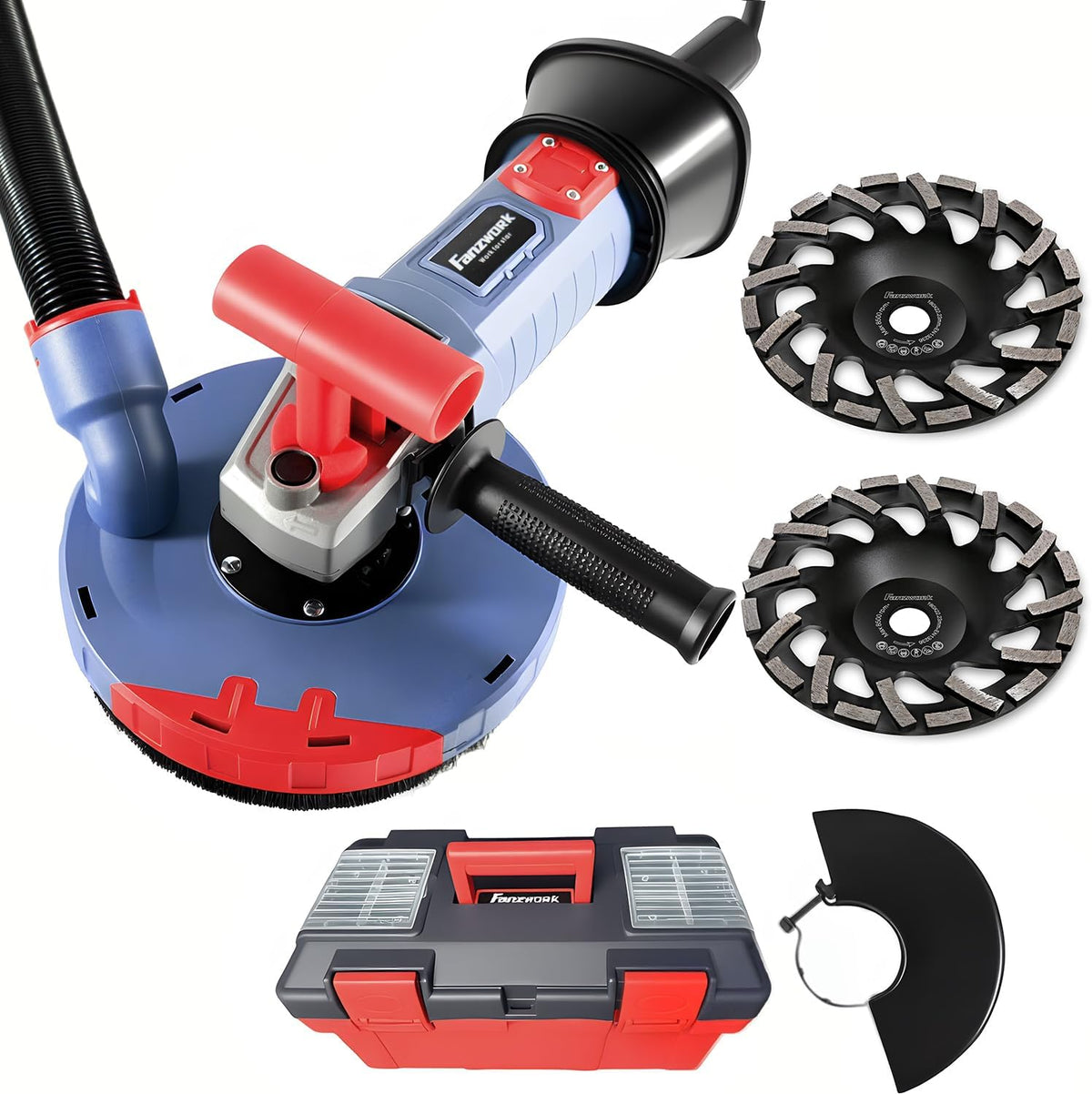 FANZWORK 2100 W/180 mm betonschuurmachine, betonfrees, incl. premium 180 mm diamantslijpkop *2, afzuigkap, T-vormige handgreep