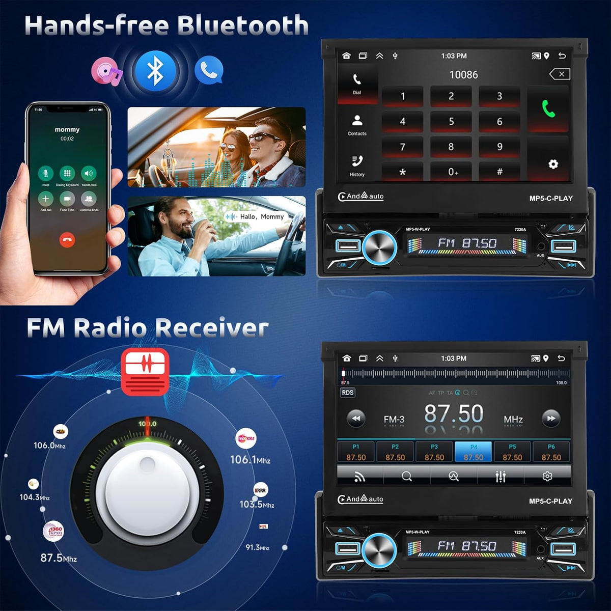 【2+64G】Podofo Android-autoradio 1Din met 7'' touchscreen Automatisch scherm Draadloos Carplay/Android Auto Bluetooth 5.1 FM/RDS 2USB/MIC/Type c/AUX/Stuurbediening met AHD achteruitrijcamera