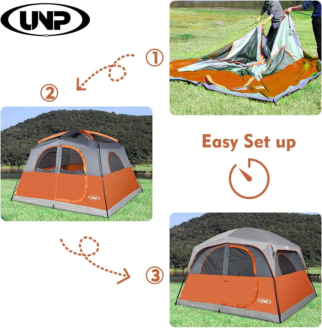 UNP Tenten voor 6 personen, waterdicht, winddicht, eenvoudige montage, dubbellaagse familie-campingtent met 1 netdeur en 5 grote netramen, 3 m x 2,9 m x 2,9 cm x 2,9 cm (H)
