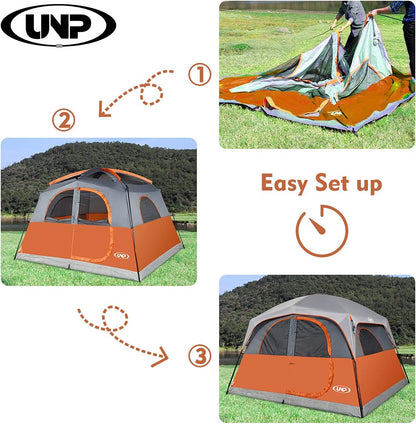 UNP Tenten voor 6 personen, waterdicht, winddicht, eenvoudige montage, dubbellaagse familie-campingtent met 1 netdeur en 5 grote netramen, 3 m x 2,9 m x 2,9 cm x 2,9 cm (H)