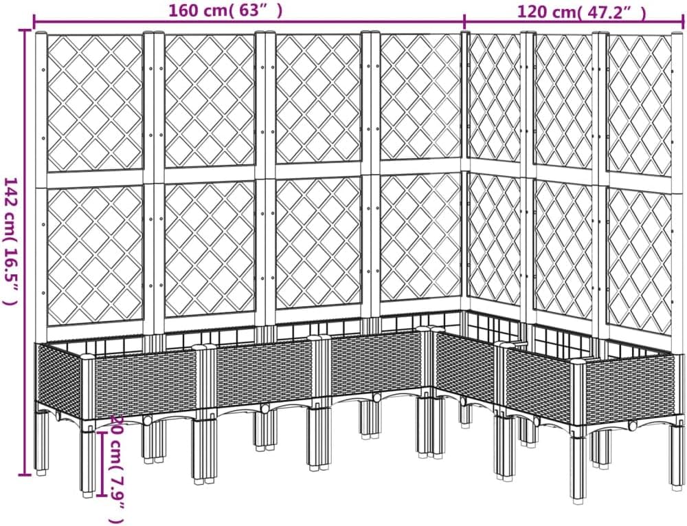 Flower Box for the Garden with Integrated Polypropylene Trellis Raised Design and Rattan Look, White, 160 x 120 x 142 cm, Ideal for Climbing Plants, Vegetables and Flowers - QUORE