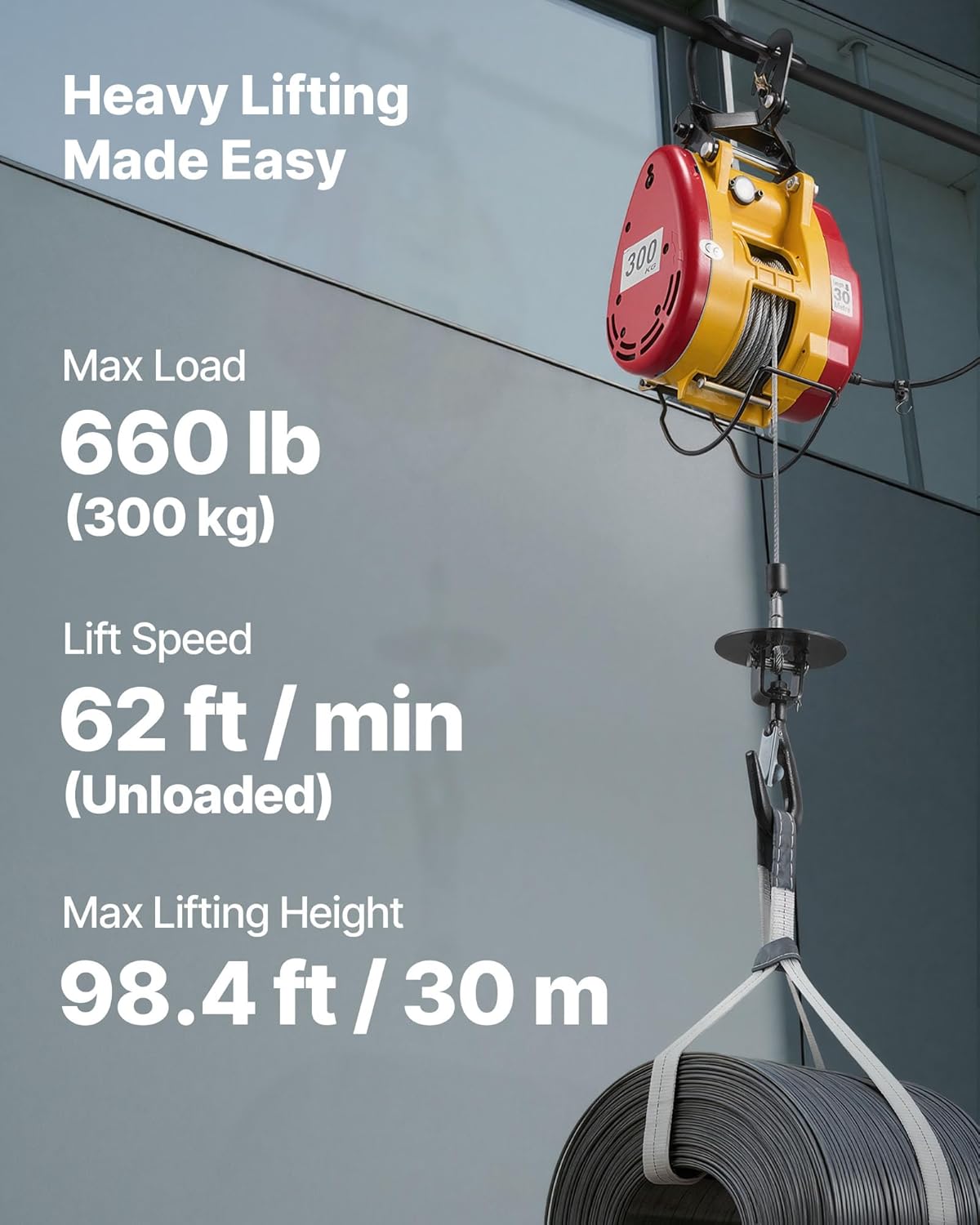 VEVOR Elektrische kabellier, 300 kg, 2-in-1 elektrische kabellier, 1500 W, hefhoogte 30 m, kabel 18,9 m/min, met bekabelde en draadloze afstandsbediening, voor fabriek, magazijn en garage