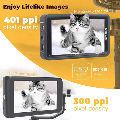 Op Camera Field Monitor 5.5 inch, MOMAN M5 Touchscreen DSLR Monitor 500 nits 1920 * 1080 Full HD met 3D LUTs/HDR/4K HDMI Input Output voor DSLR Spiegelloze Camera's Gimbal Stabilizer Canon Sony Nikon