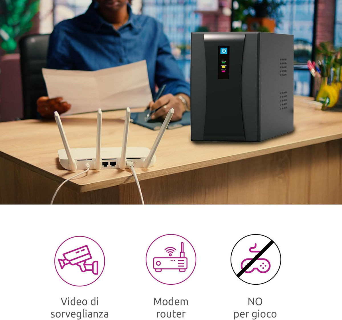 Ononderbroken UPS 1200 VA Line Interactive Melchioni MK | Bescherming tegen blackout en spanningsschommelingen, 2 batterijen 12 V, geaarde stopcontacten, ideaal voor pc, router, DVR, NVR