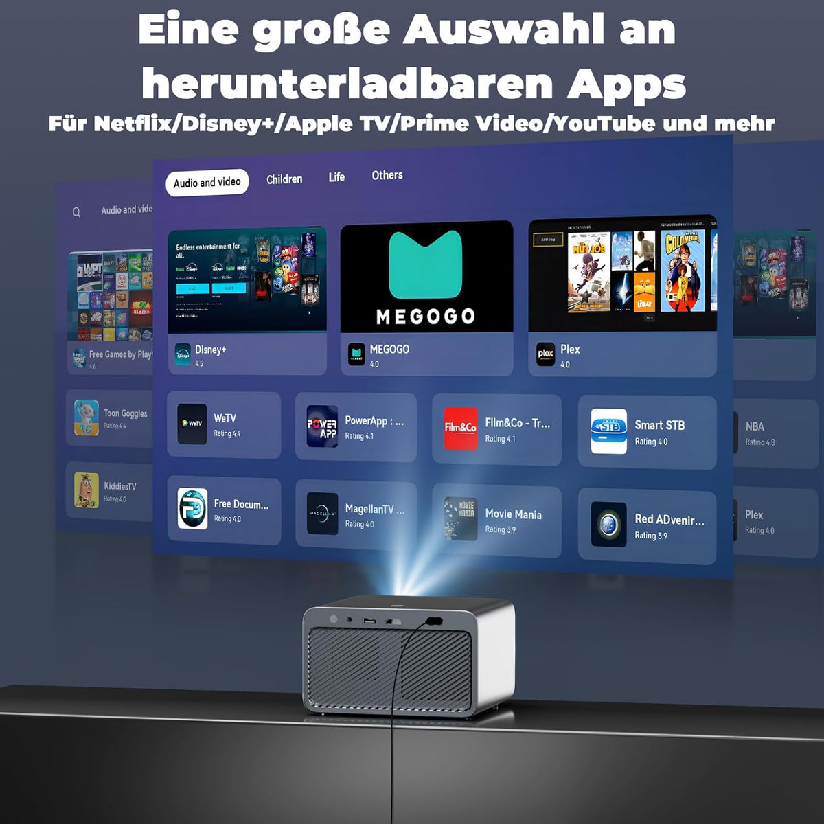 Projector 4K [800+ apps voor Netflix, Browser & Live TV | AI Car Setup & CEC-bediening] Full HD 1080P 1300 ANSI Lisowod Smart Projector met WiFi 6, Bluetooth 5.2, Dolby Audio, Home Cinema & Outdoor