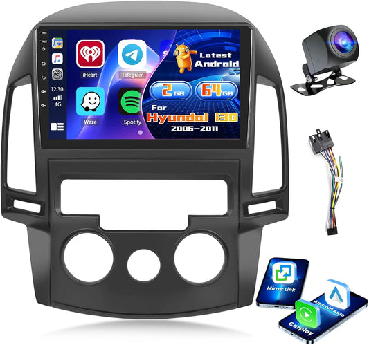 Inefala 2+64G Radio voor Hyundai i30 2006-2011 Android met Wireless CarPlay Android Auto, 9 Inch Autoscherm Bluetooth WIFI 26UI GPS FM EQ SWC AHD Achteruitkijkcamera
