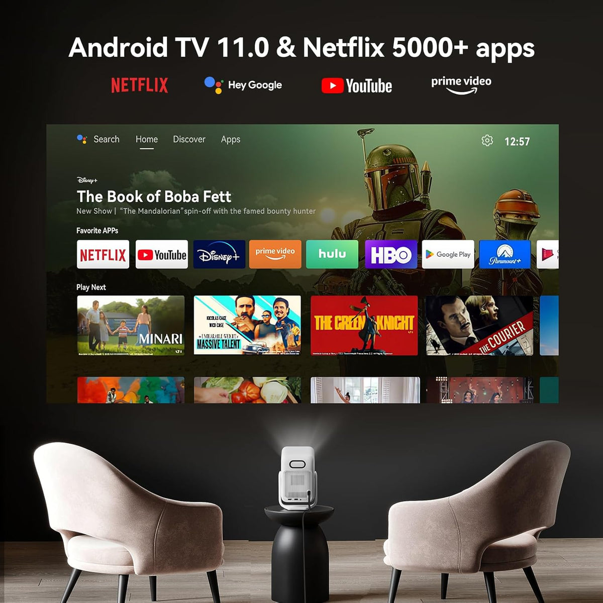 WANBO T2 Ultra Smart Beamer met Android TV, Netflix/500 ANSI, Native Full HD1080P, 120° Rotable, 30dB Quiet, Auto Focus Keystone, Bluetooth Wifi, 10W Speakers, Draagbare Mini Projector Thuis Outdoor
