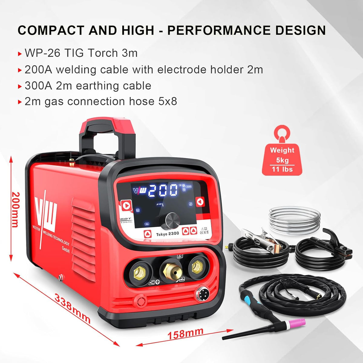 TIG professioneel lasapparaat 200 A, elektrode-las-functie, pulsfunctie, gas pre- en post-run, stroomstijging en -daling, taakgeheugen, inverter, IGBT, Tokyo 2300, Vector Welding