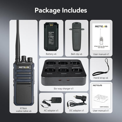 Retevis RT86A Portofoons met Groot Bereik voor Volwassenen met 6-Voudige Oplader, 2500 mAh-Batterij, Groepsgesprek, Robuuste Portofoon voor Zakelijk Gebruik (6-Pack, Zwart)
