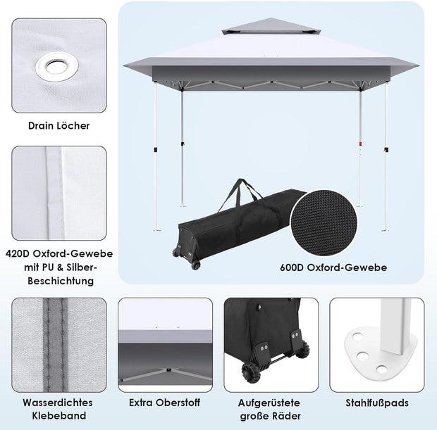 Paviljoen - Tuinpaviljoen - Partytent - Tuintent - Pop-up Kliksysteem - met 4 Muggennet Zijpanelen - Roldraagtas - Waterdicht - Stabiel - Dubbel Dak - UV-bescherming 50+ - 4 Zandzakken - voor Patio - Markt - Camping - 3.6 x 3.6 m - Grijs-Wit