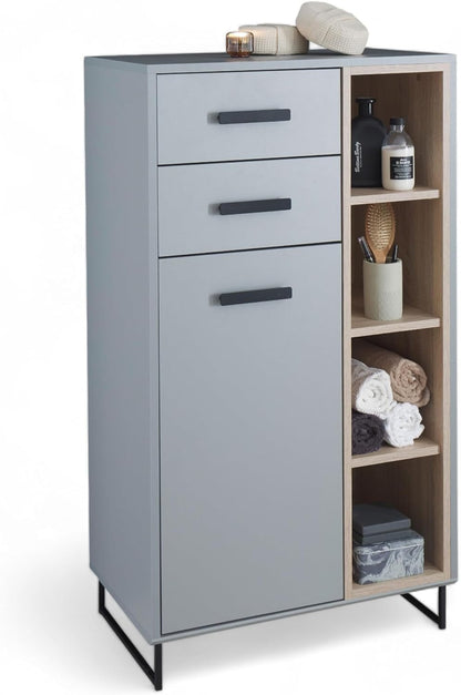 Stella Trading Tunis badkamercommode in grijs/eiken sonoma-look, badkamerkast met veel opbergruimte, houtmateriaal