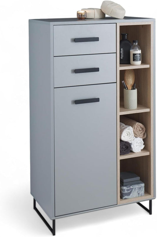 Stella Trading Tunis badkamercommode in grijs/eiken sonoma-look, badkamerkast met veel opbergruimte, houtmateriaal