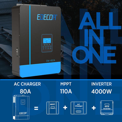 EDECOA Hybride omvormer 4000 W 24 V 230 V 4200 VA zonne-oplader MPPT 110A Pure Sinus 55-450Vdc Off-Grid BMS communicatie batterijlader netprioriteit zonne-laadregelaar (WiFi-compatibel)