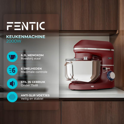 Keukenmachine - 2000W - RVS Mengkom (6,2 L) - Keukenrobot - Mixer met Garde, Deeghaak en Menghaak - Incl. extra Accessoires – Rood
