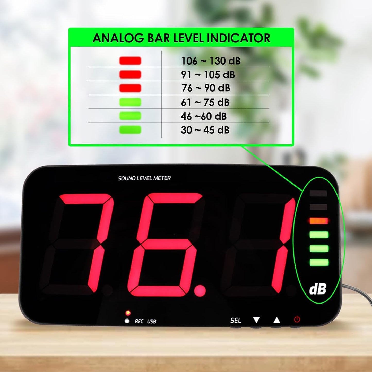 Decibel geluidsniveaumeter om op te hangen aan de muur, geluidsniveaumeter met 16,4 voet geluidssensor, akoestisch en visueel alarm geluidsmeter voor het bewaken van het niveau van
